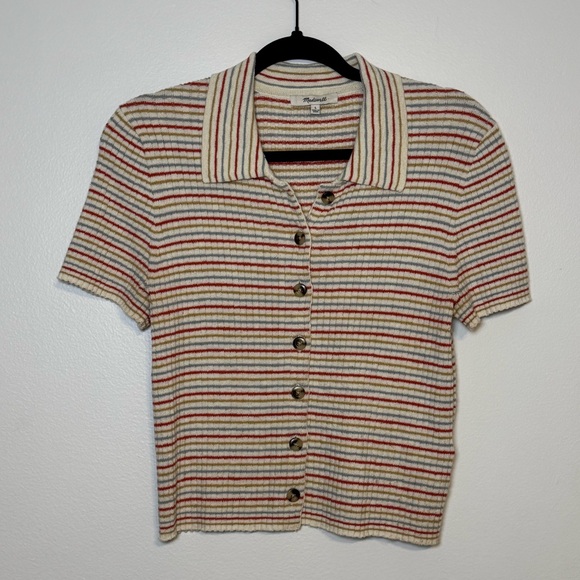Madewell Barbrook Button-Front Sweater Polo in Stripe Bright Ivory Large Crop - Picture 4 of 10